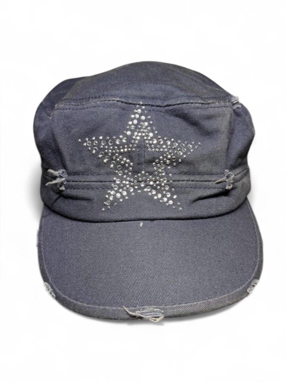VTG Y2K Pacific Rhinestone Star Distressed Cadet Hat Blue Gray Military Cap O/S